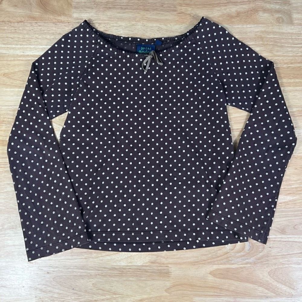 Mini Boden, Brown Polka Dot Long Sleeve T-Shirt, Bow Detail, Size 9-10Y